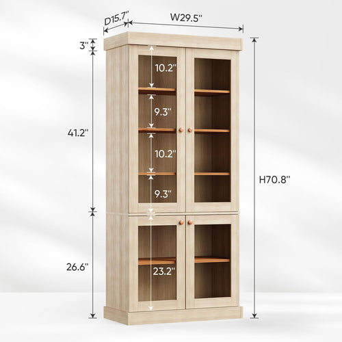 Vyre 70.8" Tall Farmhouse Bookshelf, Modular Bookcase with Glass Doors, 6-Tier Adjustable Shelves, Large Storage Cabinet for Kitchen, Living Room, Brown, Set of 4